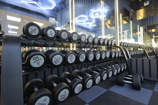 Dumbbell racks along the mirrored wall